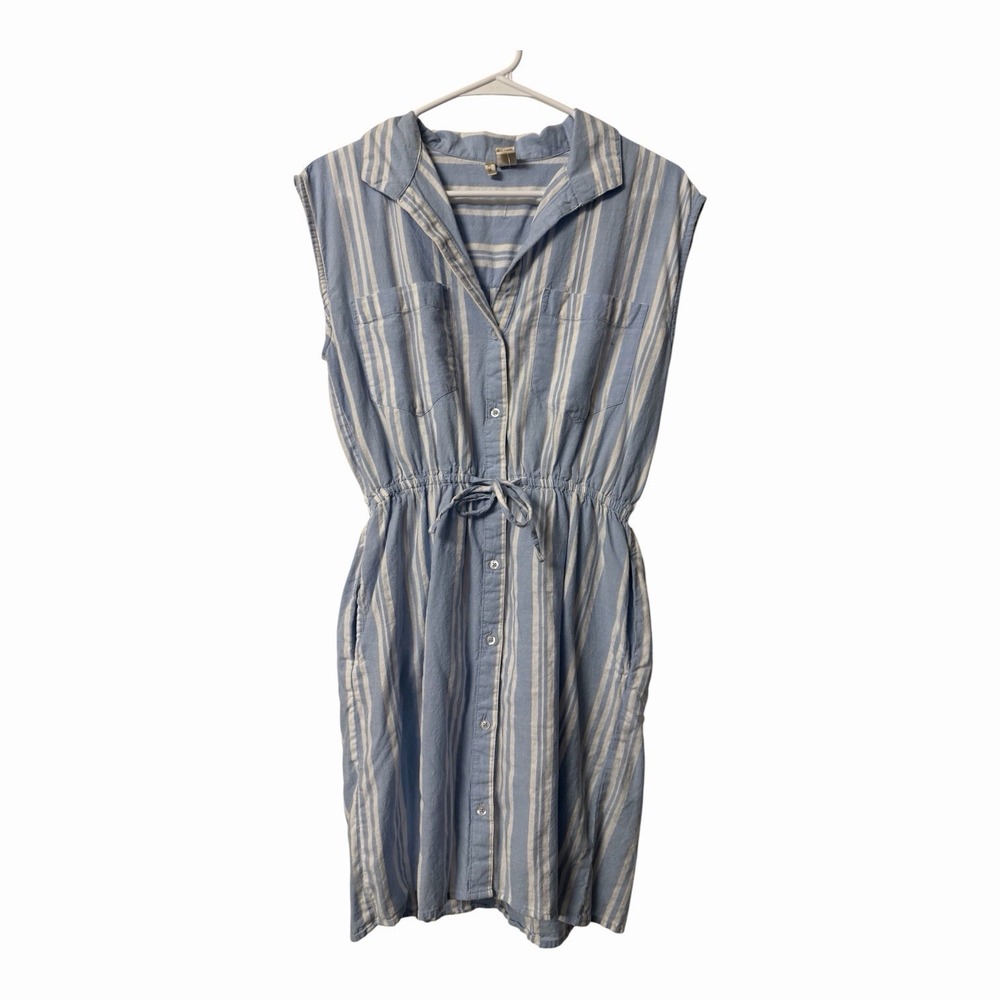 Japna Blue White Striped Pocket Shirt Dress Drawstring Waist Cotton Medium
